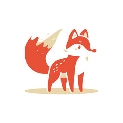Playful red fox character standing on a light background with a whimsical tail design