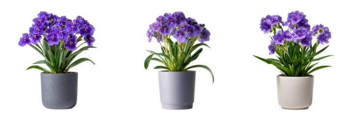 Three potted african violet plants isolated on transparent background