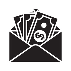 Salary in envelope icon. Vector dollar bills in envelope minimal icon. Vector black silhouette. with white background