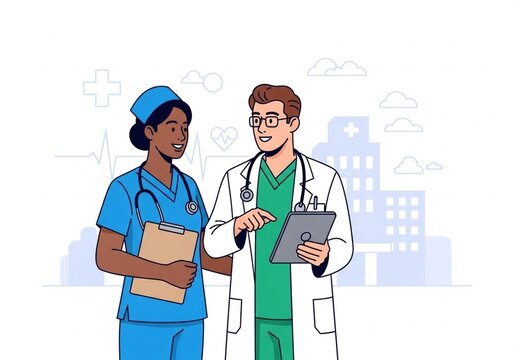 Diverse nurse and doctor team collaborating in a modern hospital setting discussing patient care and medical information