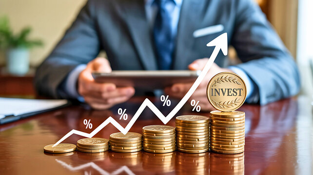 Strategic investment concept showing escalating financial returns and wealth creation, with a businessman monitoring market progress on a digital tablet