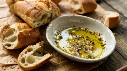 Fresh olive oil with herbs and spices in white ceramic bowl surrounded by torn artisanal bread pieces on rustic wooden table