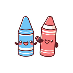 Two cheerful cartoon crayons, one blue and one red, smiling and holding hands, on a white background