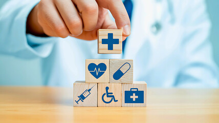 Hand placing health cross symbol on stacked medical icons. Building blocks of comprehensive healthcare, patient support, and essential well-being services