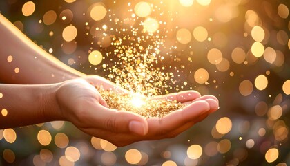 Golden particles held in hands, soft light
