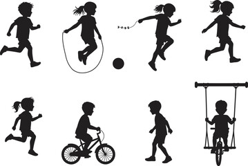 Children silhouette playing, kids outdoor activities, running, skipping rope, cycling, swinging, ball games, black vector illustration, childhood fun, active lifestyle