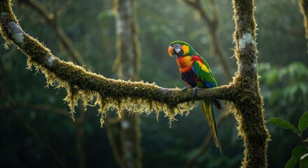 Obraz premium Vibrant parrot perched on a mossy branch in a lush forest