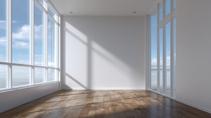 Obraz premium Bright empty room with hardwood floor and large windows showcasing a cloudy blue sky view outside
