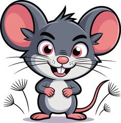 Vibrant cartoon illustration of a cute, mischievous gray mouse with big ears, pink nose, whiskers, and curly tail, playful character
