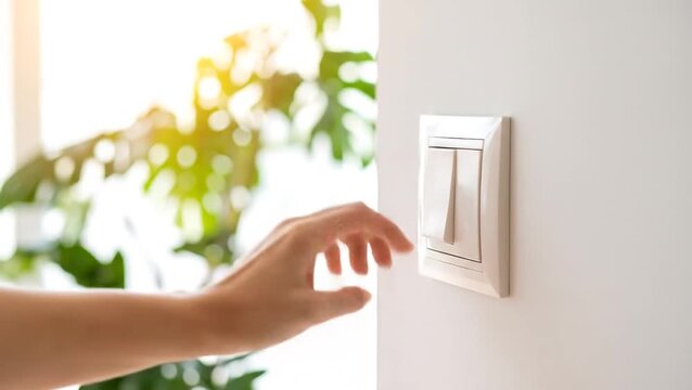 Hand flipping light switch on white wall with turning on the light, and ecofriendly concept.