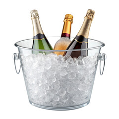 Three unopened champagne bottles stay chilled inside clear bucket filled with ice on transparent background
