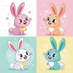 set of cute cartoon rabbits