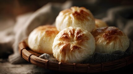 Freshly baked golden buns with a fluffy texture are beautifully arranged in a rustic woven basket illuminated by warm inviting light