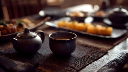 A traditional dark ceramic tea set with a steaming cup of tea accompanied by various dishes on a rustic wooden table creating a cozy dining