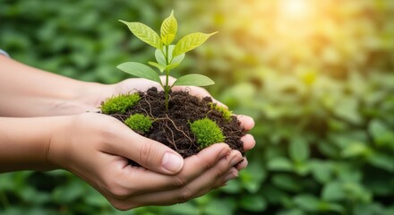 Caring hands gently hold a young green plant with soil amidst lush greenery and sunlight