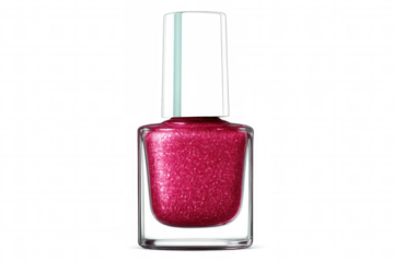 Glittery pink nail polish bottle featuring pastel green cap, resting against transparent backdrop