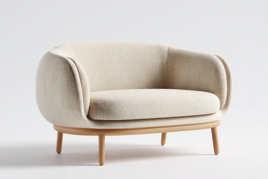 Cozy textured boucle armchair with wooden legs isolated on white background