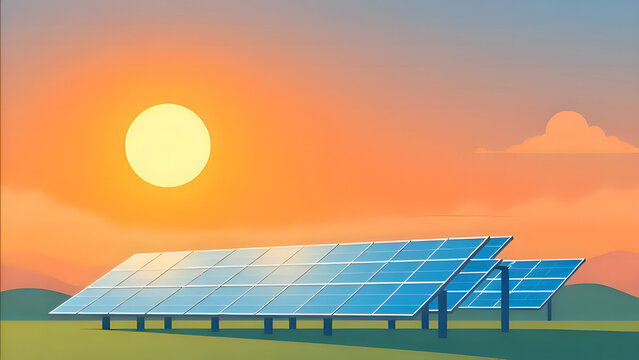 Flat Design Solar Energy Vector with Bright Sun and Panels