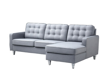 Modern gray tufted sectional sofa isolated on transparent background
