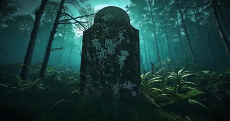 Drifting fog rolling through misty forest clearing, with moonlight casting shadows on gravestone - Powered by Adobe
