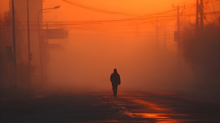 Lone figure walking in the foggy morning