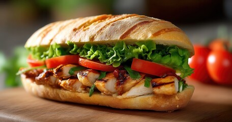 Delicious Grilled Chicken Sandwich With Fresh Vegetables on Wood