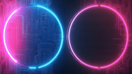 Two glowing circles, left in blue and right in pink, against a circuit board pattern