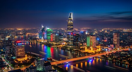 Panoramic view of a vibrant city skyline at night, illuminated by countless lights and a glowing river