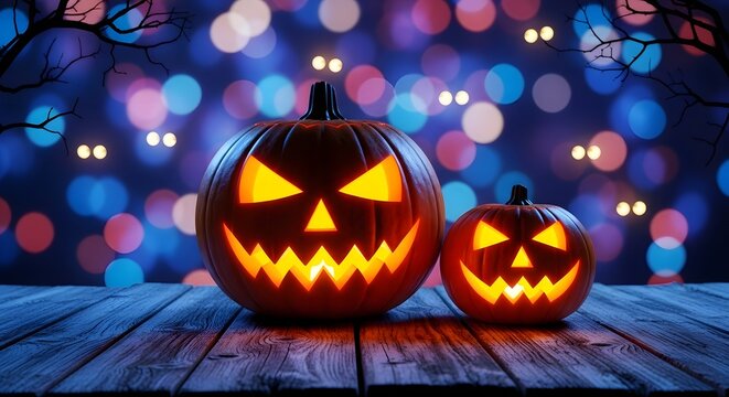 Two carved halloween pumpkins with glowing jackolantern faces sit on a wooden surface against a bokeh background of colorful blurred lights and spooky tree branches
