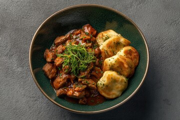 Hearty Belarusian Machanka With Fluffy Pancakes in a Green Bowl