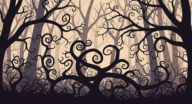 Enchanted forest with silhouetted gnarled trees and swirling branches against a soft, hazy background