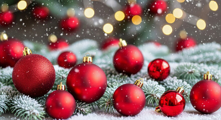Naklejka premium Christmas ornaments on snowy branches with bokeh lights creating a festive holiday season atmosphere scene