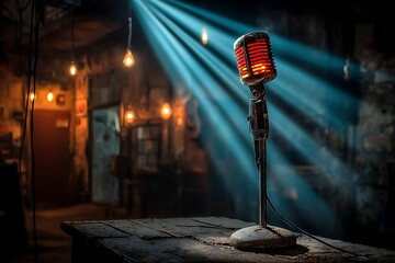 Glowing microphone on vintage stage setup high resolution picture