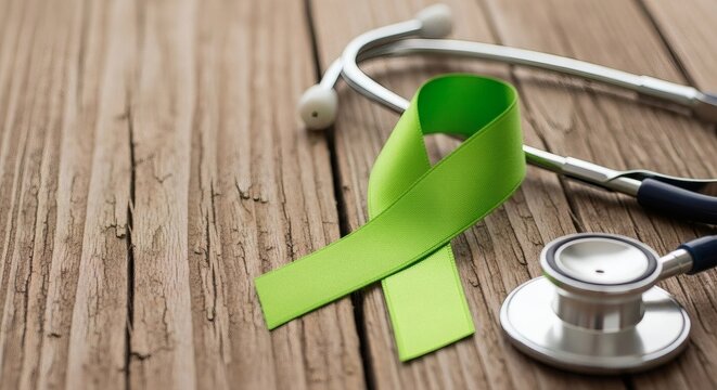 Green awareness ribbon and stethoscope on wooden background - Powered by Adobe