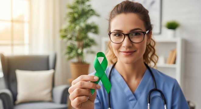 Nurse holding a green awareness ribbon with a heart symbol