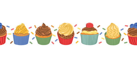 Cupcake border with cream, raspberry, ganache and chocolate chips and sprinkles. Birthday vector seamless pattern. Holiday desserts, pastries.