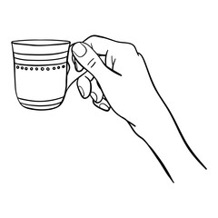 Hand with coffee cup vector line illustration. Female hand holding small coffee cup. Friendship, sisterhood, caffeine concept..