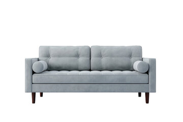 Modern light blue upholstered sofa isolated on transparent background