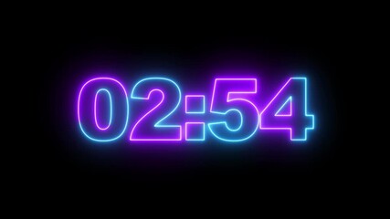 Glowing neon 3 minutes countdown with black background.3 Minute Digital Negative Countdown. seconds on transparent background 180 second countdown timer, Countdown video with alpha channel - Powered by Adobe