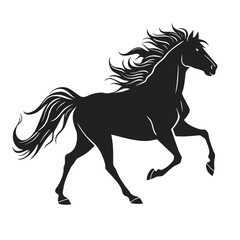 Obraz premium Black silhouette of a majestic prancing horse with a flowing mane and swishing tail, isolated solid vector graphic illustration