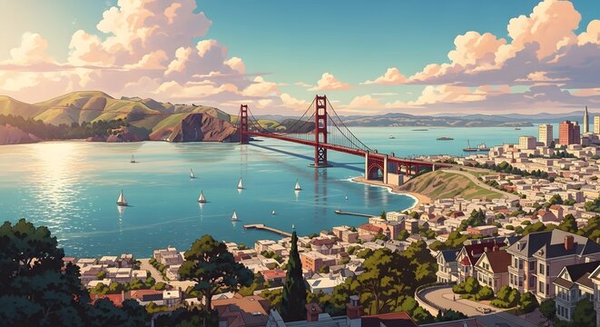 Retro Anime Style San Francisco Bay Landscape