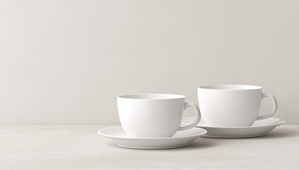 Fototapeta premium Two white coffee cups and saucers on a light-colored surface against a neutral background