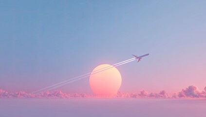 Airplane soaring through a pastel sunrise over clouds