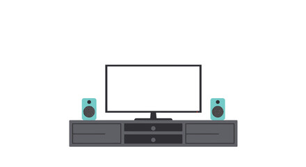 Television and speakers on a media console isolated on white background, showcasing home entertainment setup in a modern, minimalist style