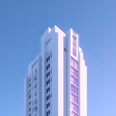 Modern high-rise building,  pale white facade,  accentuated purple windows,  clear sky