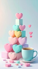 Fototapeta premium Pastel-colored hearts stacked on pastel-colored blocks, with a teal-colored coffee cup, creating a whimsical and romantic still life composition