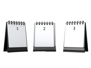 Three blank desk calendars, black stands, numbered 1, 2, and 3