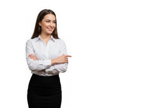 Smiling businesswoman in white shirt pointing isolated on transparent background