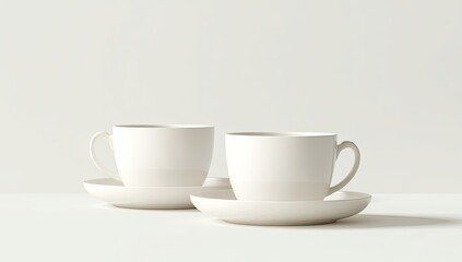Fototapeta premium Two plain white teacups and saucers on a light background