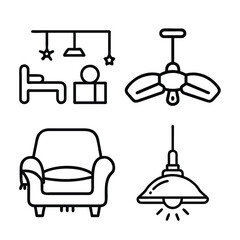 A collection of four simple line art icons depicting a bed, a ceiling fan, an armchair, and a pendant light, representing home decor elements.